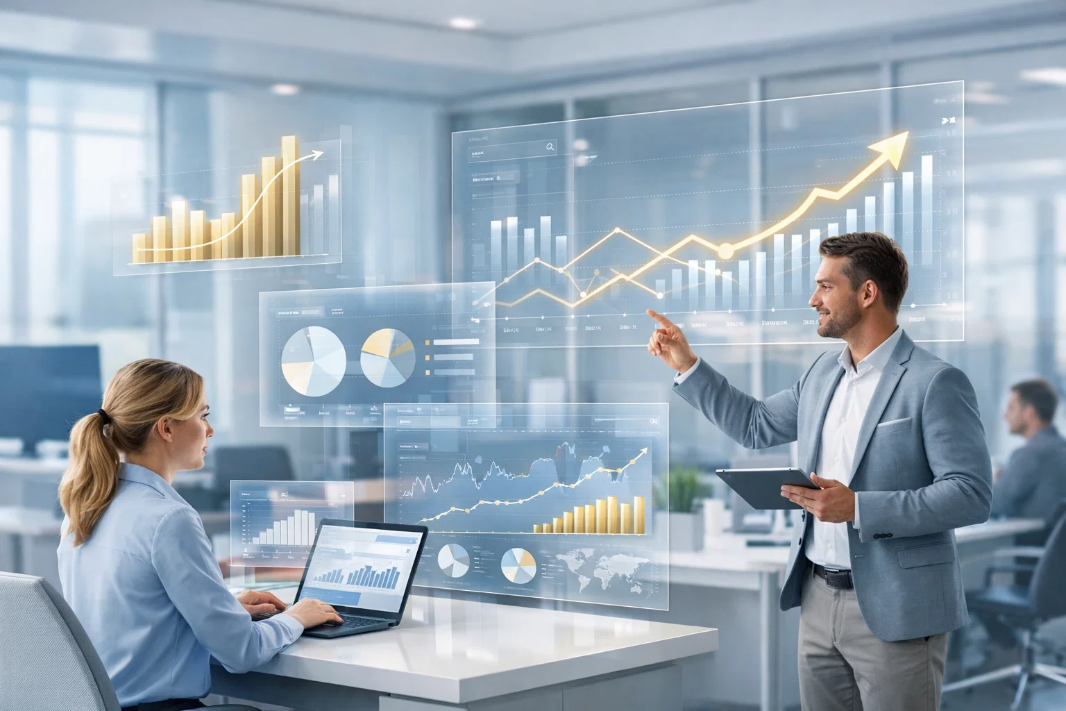 Business professionals analyzing performance metrics and growth trends using interactive dashboards in an office.