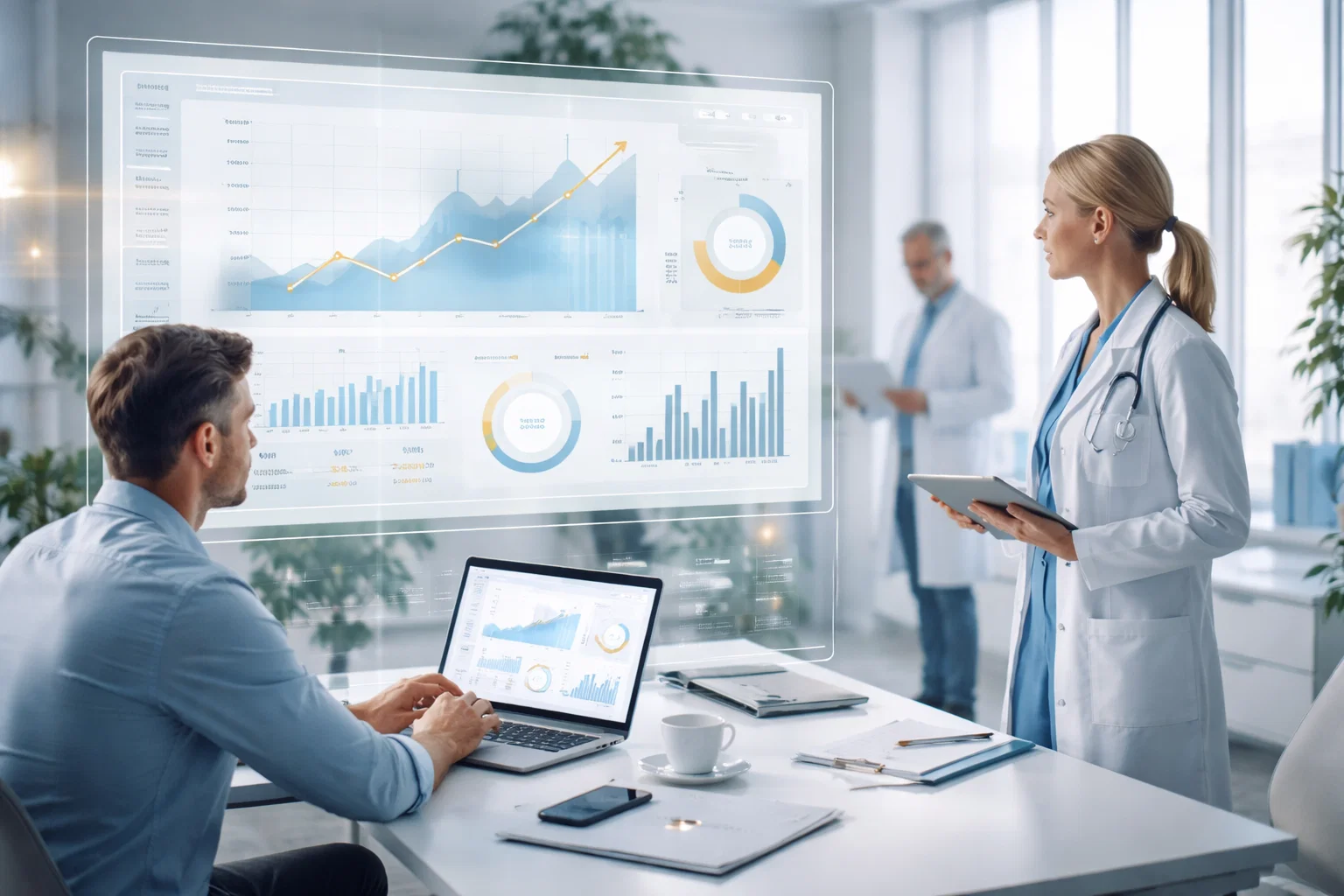 Healthcare professionals analyzing growth data and performance metrics on a laptop and screen.
